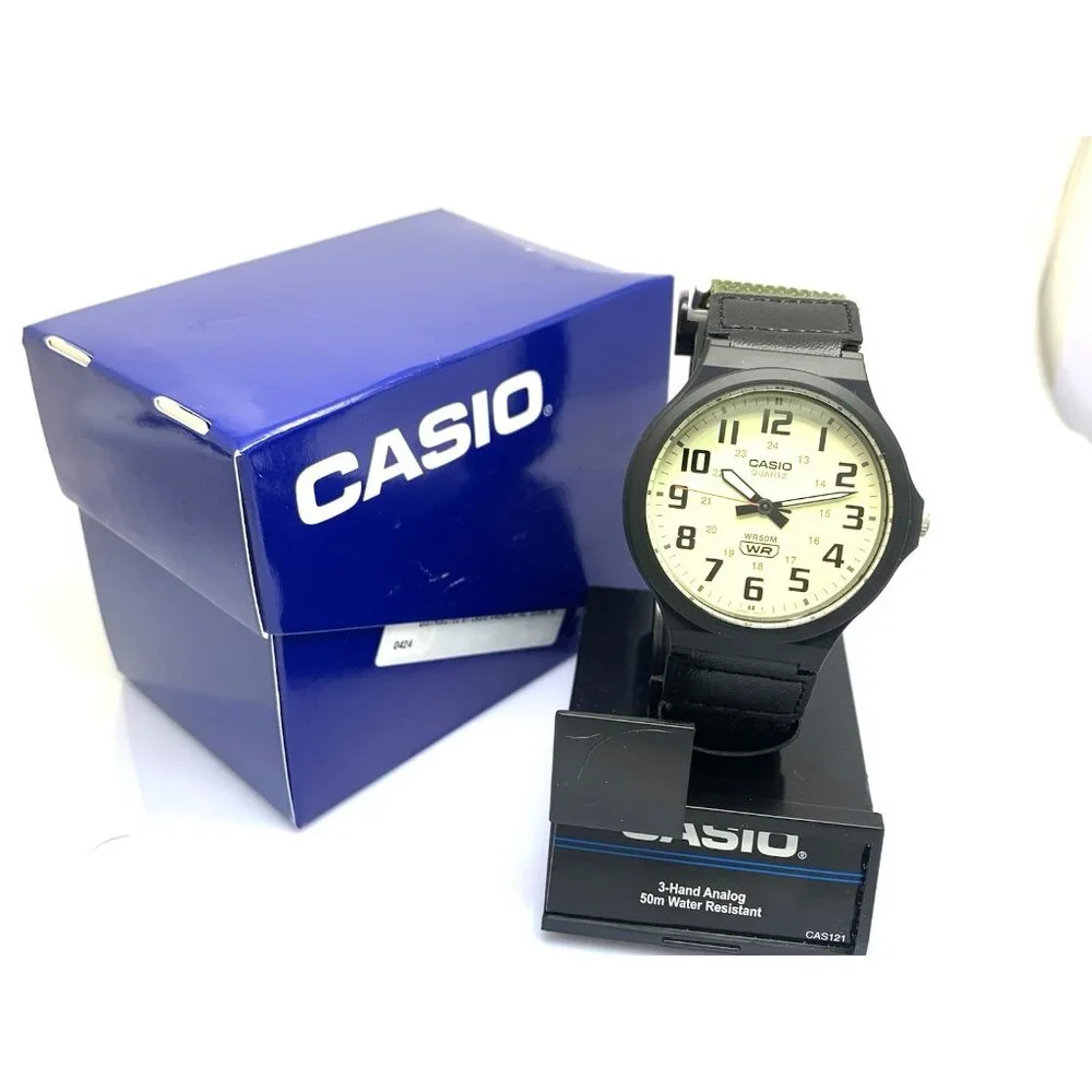 Casio Men's Watch MW240B Analog Quartz Beige Dial 42mm Black Green Nylon Band